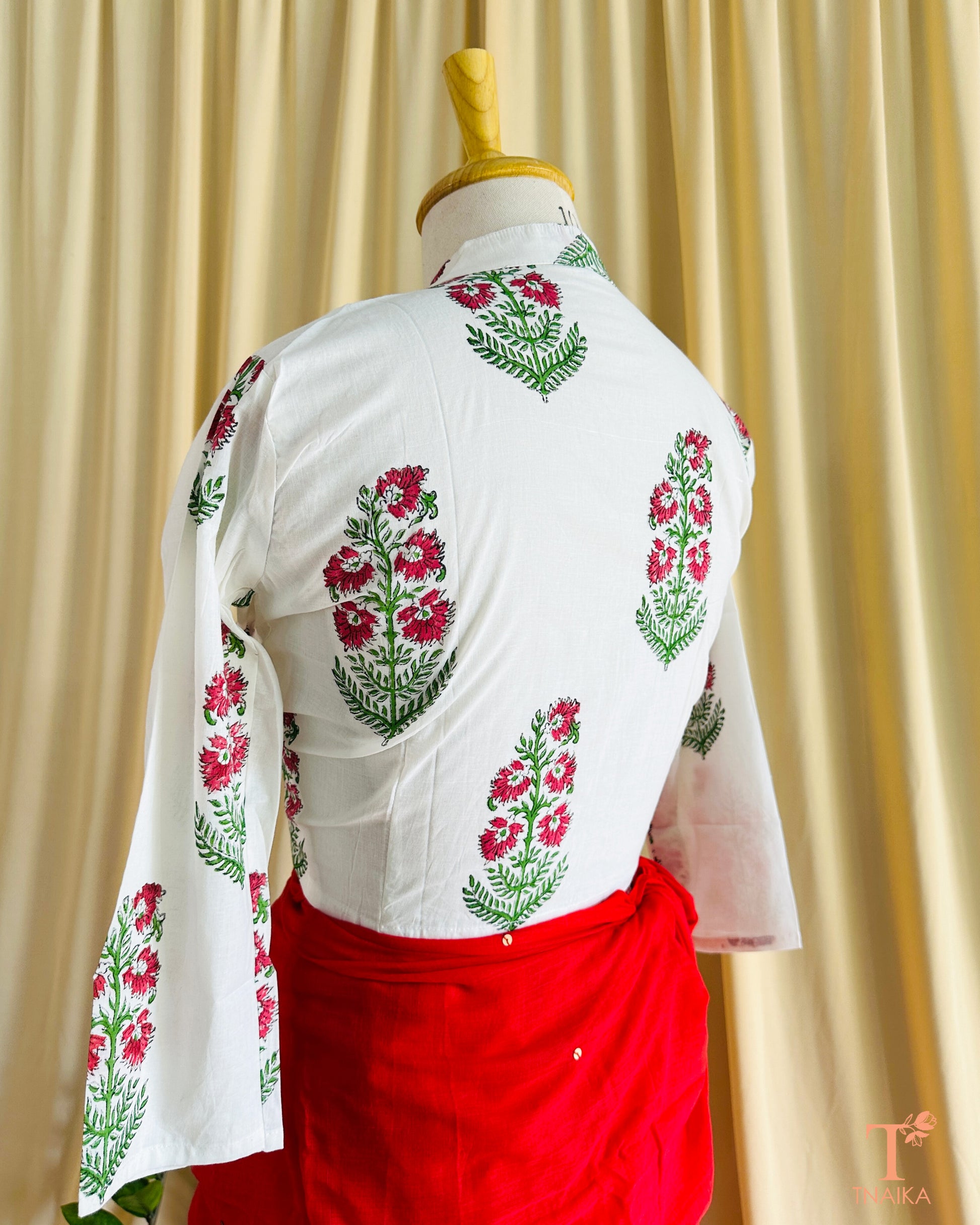Designer handblock cotton blouse with modern Nehru collar style