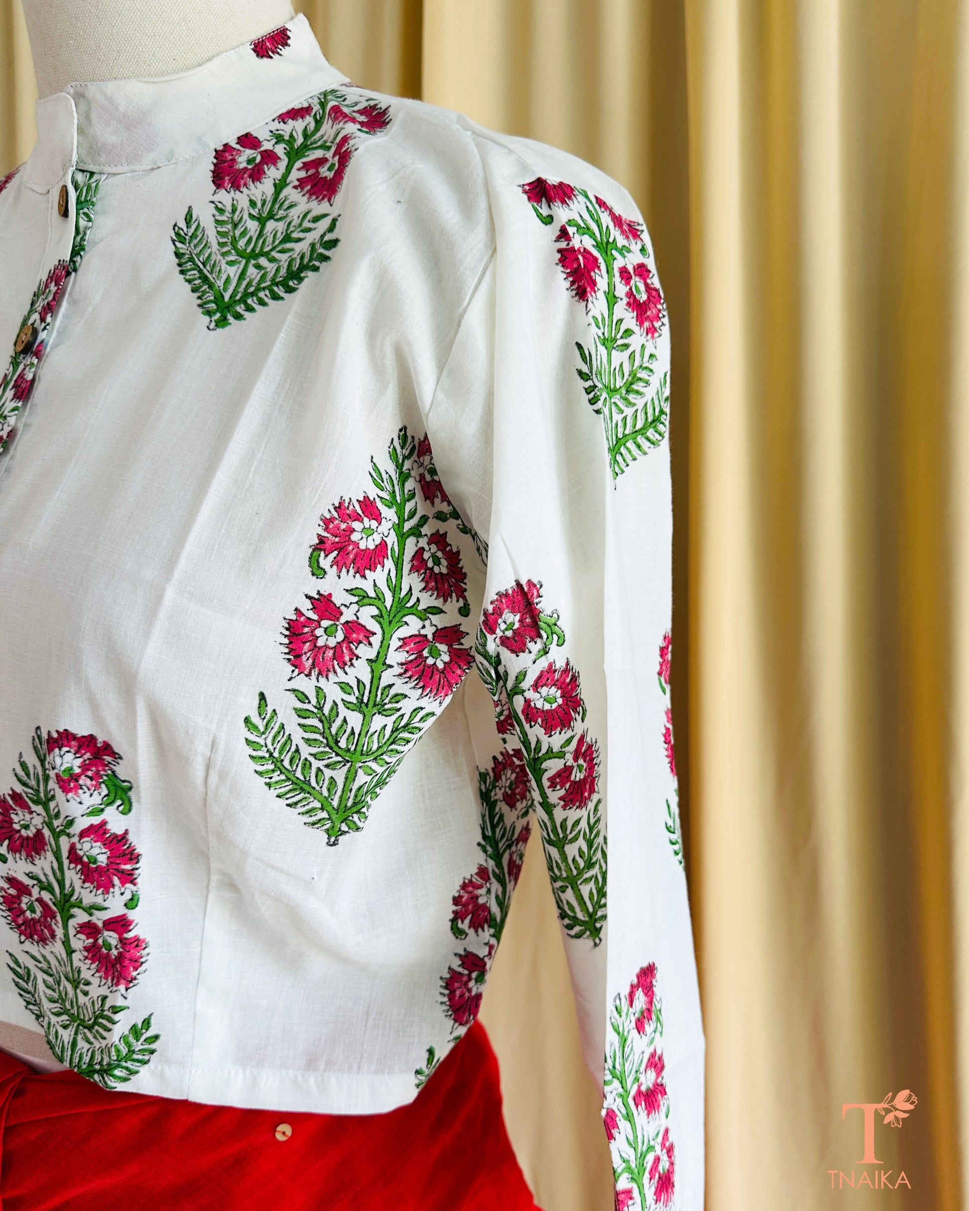 Versatile Ajrakh-style handblocked blouse with smart Nehru neckline