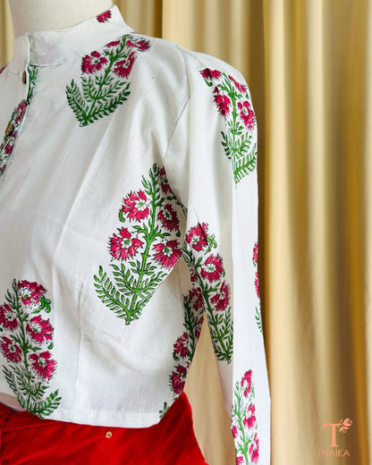 Versatile Ajrakh-style handblocked blouse with smart Nehru neckline