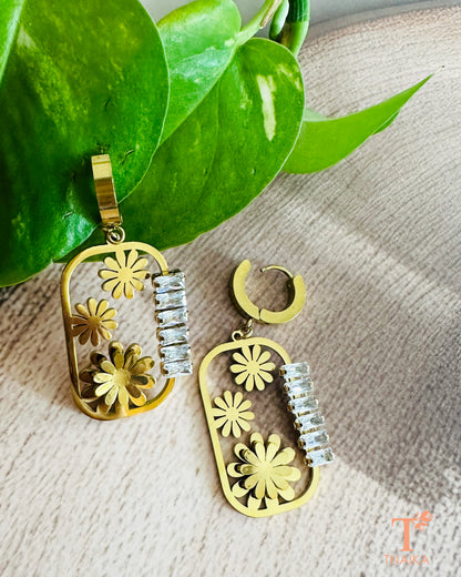 Gold stainless steel floral earrings with zirconia stones