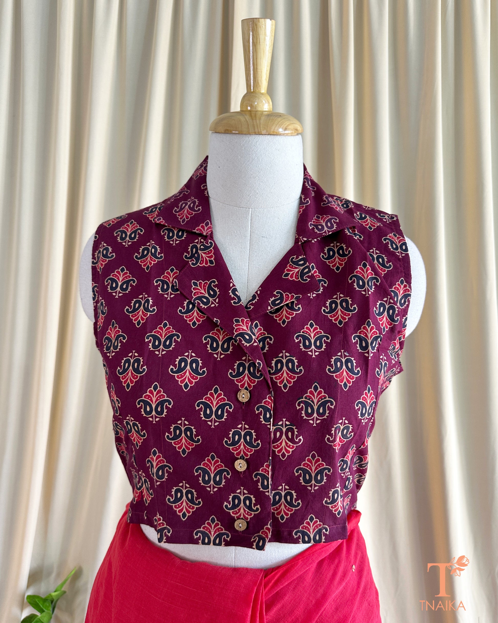 Wine-colored handblocked blouse with traditional prints, perfect for pairing with sarees or lehengas