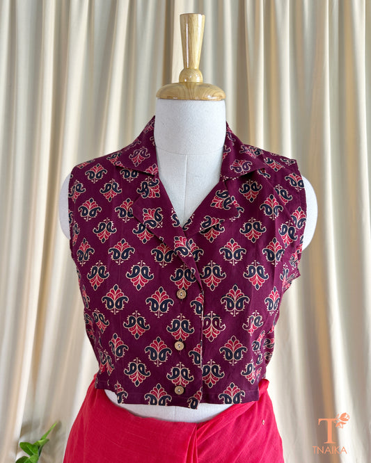 Wine-colored handblocked blouse with traditional prints, perfect for pairing with sarees or lehengas