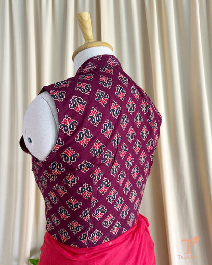 Artisan-crafted wine handblocked blouse featuring timeless prints and classic ethnic design