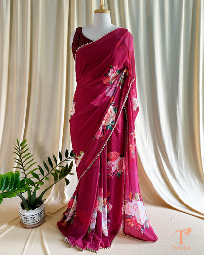 Georgette Pearl Bloom Saree - Wine