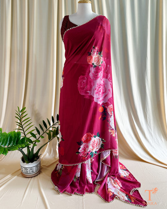 Georgette Pearl Bloom Saree - Wine