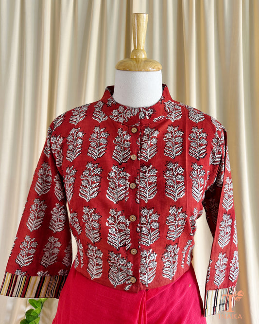 Cotton handblocked blouse with traditional prints, perfect for pairing with sarees