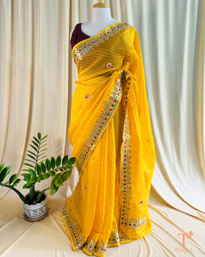 Kota Doria saree with vibrant Leheriya print and intricate Gotta Patti handwork