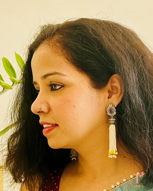 Oxidised silver danglers with colorful Meena enamel work and chain hangings