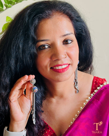 Oxidised Meena work earrings with chain hangings in silver replica finish