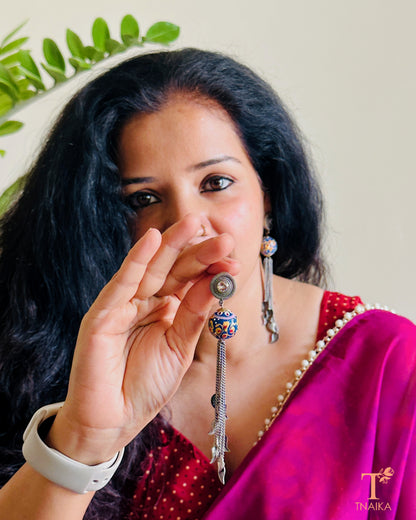 Silver look-alike oxidised earrings with traditional Meena work