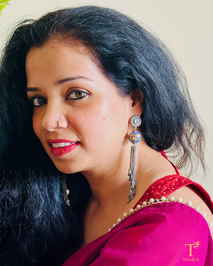 Stylish oxidised earrings with chains and Meenakari design for women