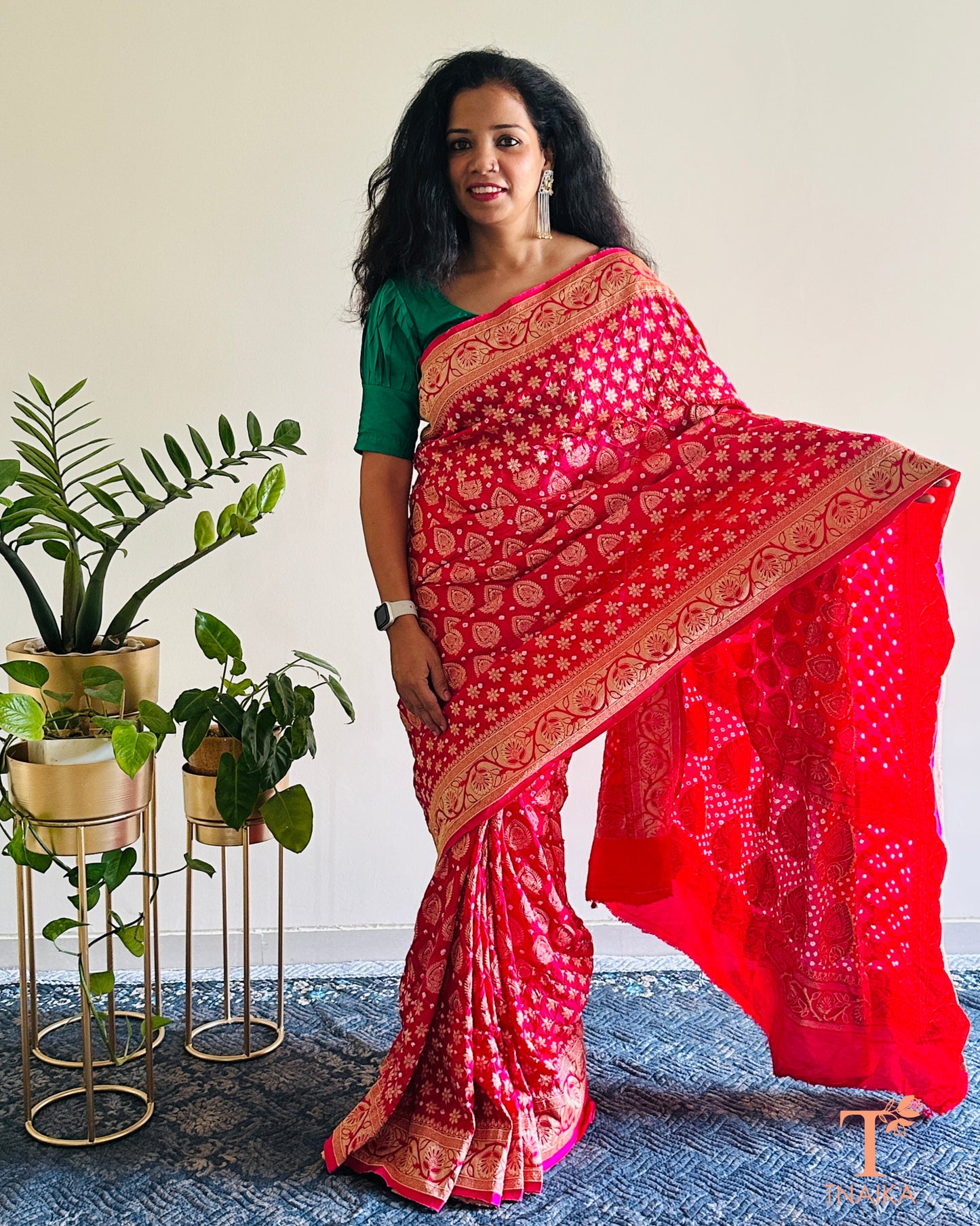 Dupion silk saree featuring Bandhej motifs and zari highlights