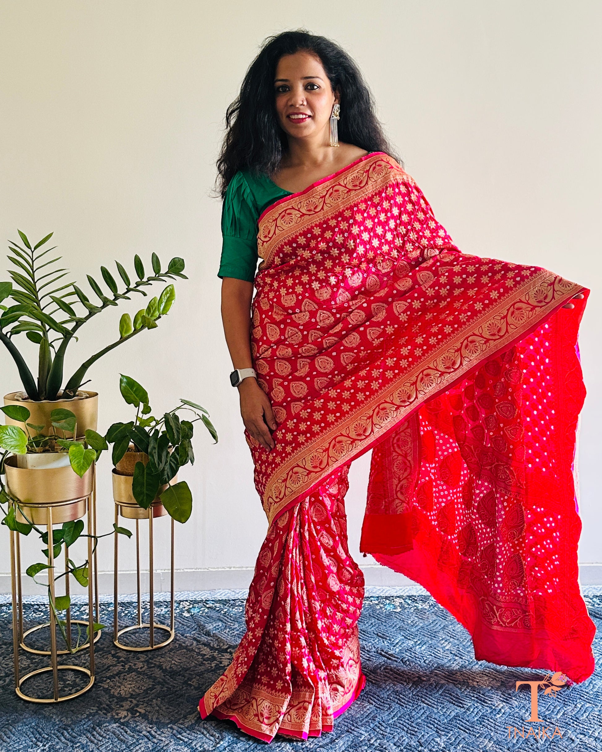 Dupion silk saree featuring Bandhej motifs and zari highlights