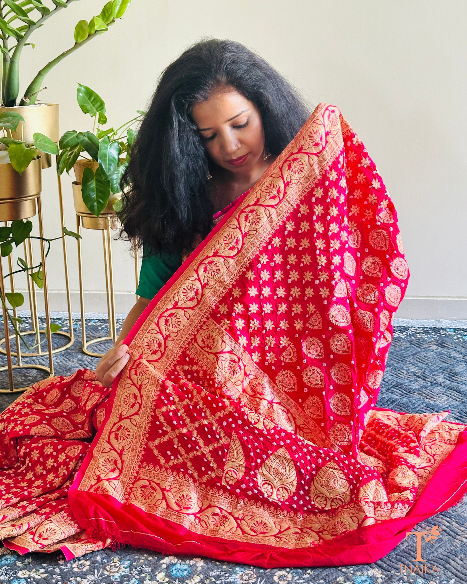 Festive Upada silk saree with Bandhej print and woven zari border.