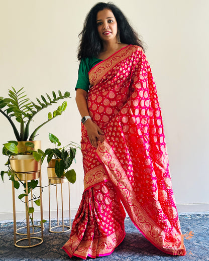 Festive Upada silk saree with Bandhej print and woven zari border.