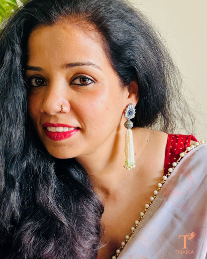 Oxidised silver danglers with colorful Meena enamel work and chain hangings