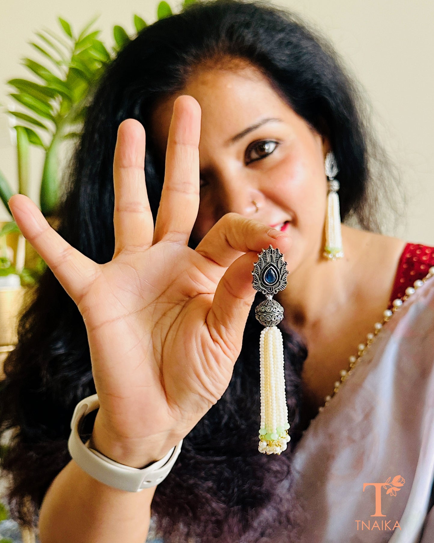 Handcrafted Meenakari oxidised earrings with delicate chain drops