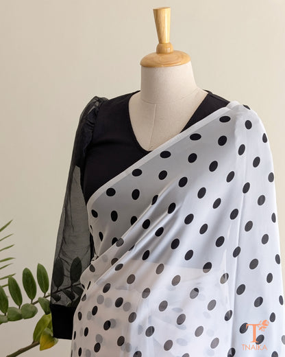 Georgette Saaz Polka Saree - White