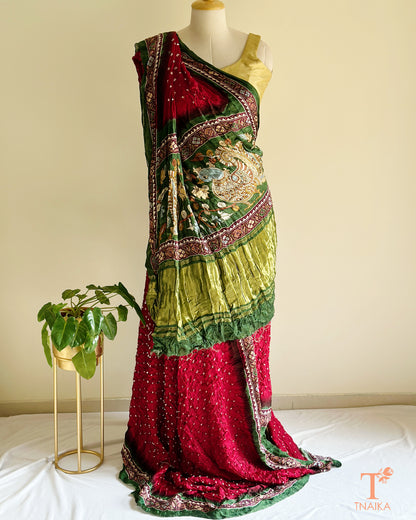 Modal Silk Bandhani saree with digital print border and Kalamkari pallu