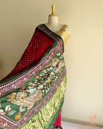 Soft modal silk saree with traditional Bandhani base and Kalamkari design pallu
