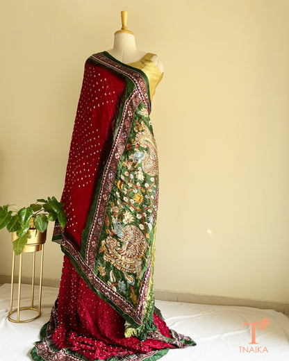 Soft modal silk saree with traditional Bandhani base and Kalamkari design pallu