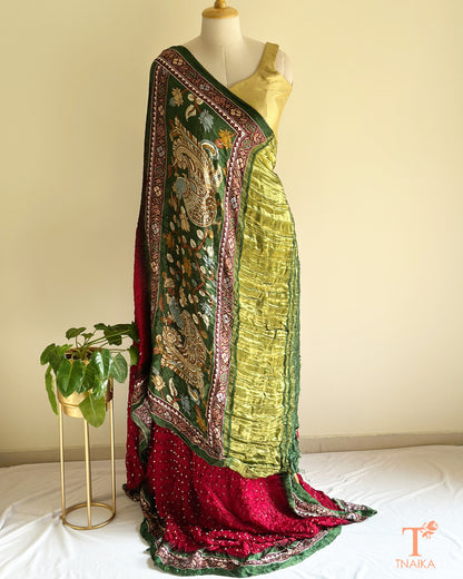 Soft modal silk saree with traditional Bandhani base and Kalamkari design pallu