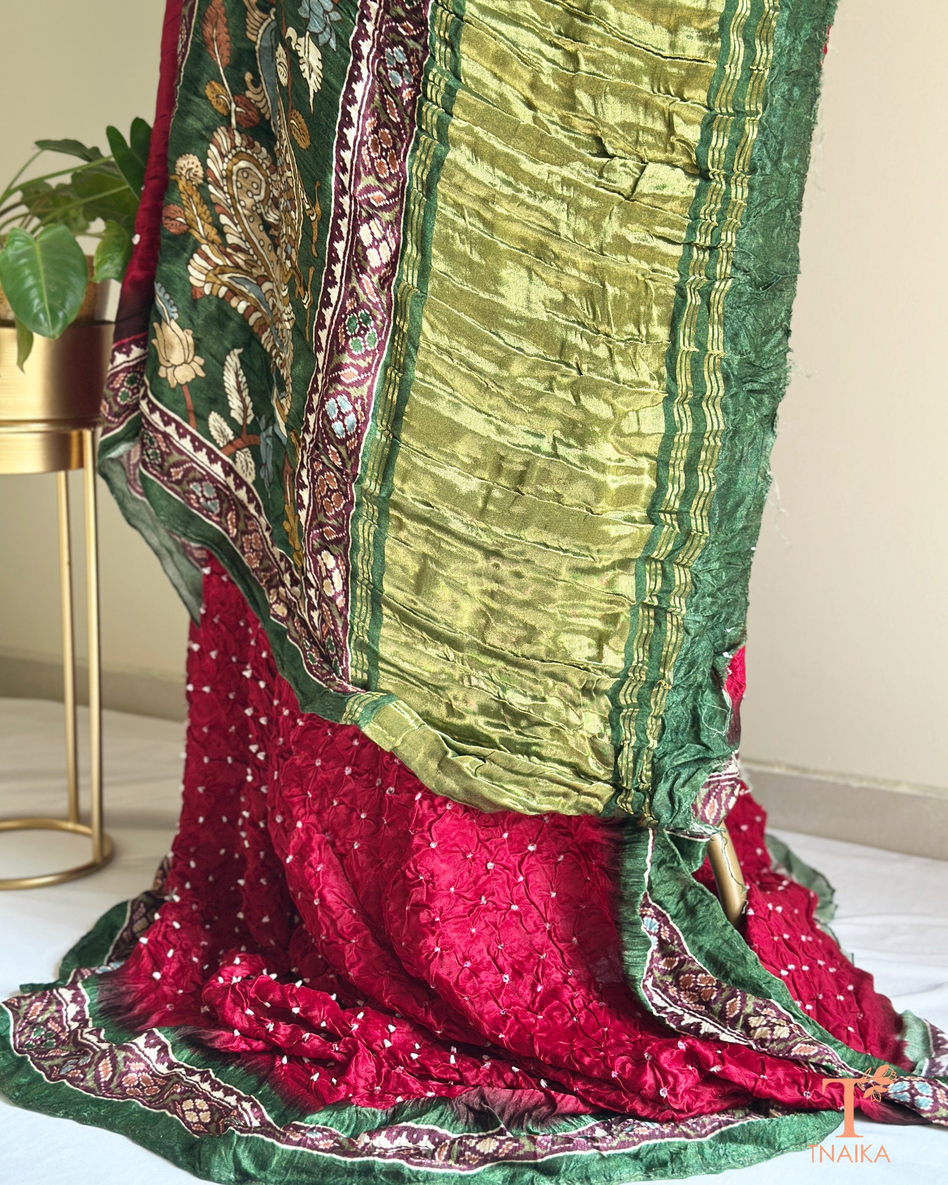 Bandhani modal silk saree featuring Kalamkari palla and tissue or Lagadi Patta pallu