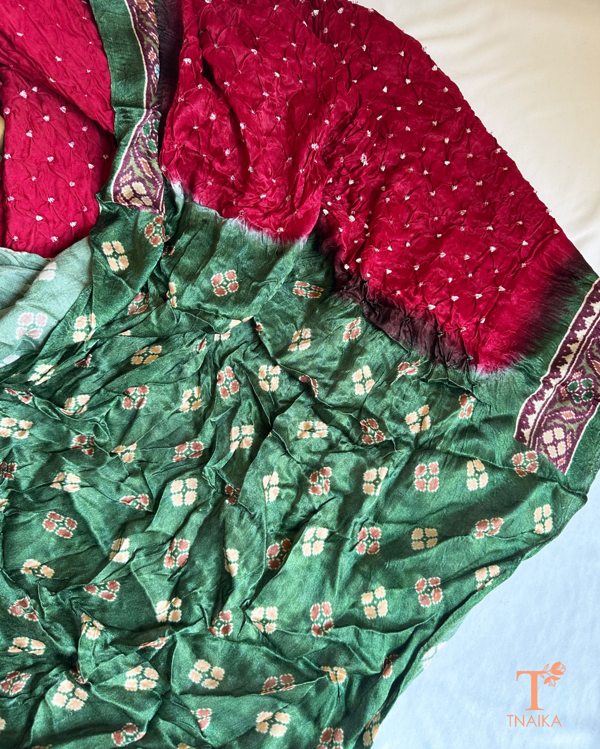 Modal Silk Bandhani saree with digital print border and Kalamkari pallu