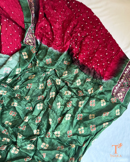 Modal Silk Bandhani saree with digital print border and Kalamkari pallu