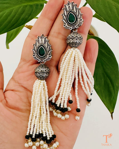 Handcrafted Meenakari oxidised earrings with delicate chain drops