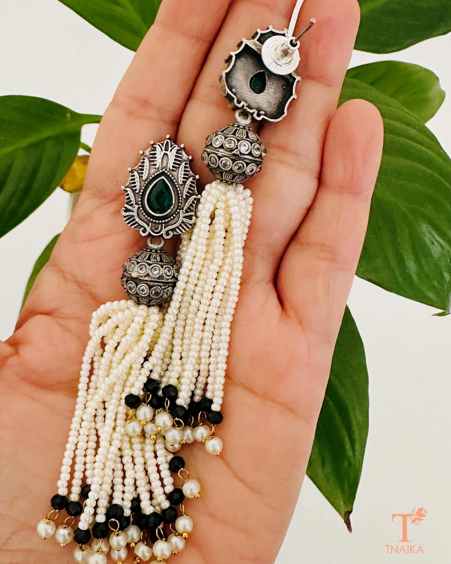 Oxidised silver danglers with colorful Meena enamel work and chain hangings