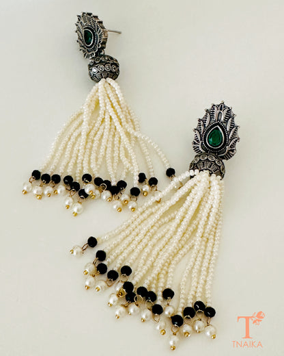 Oxidised silver danglers with colorful Meena enamel work and chain 