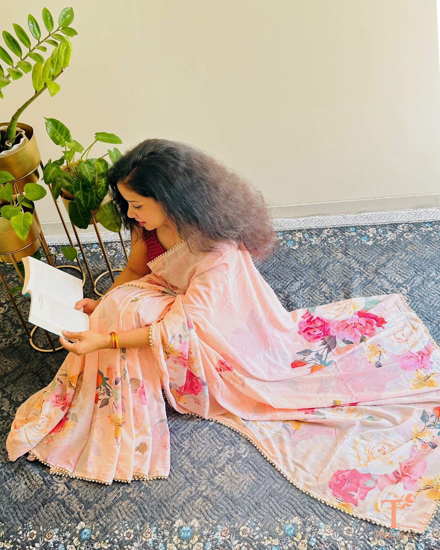 Elegant floral georgette saree with pearl lace work for festive and party wear