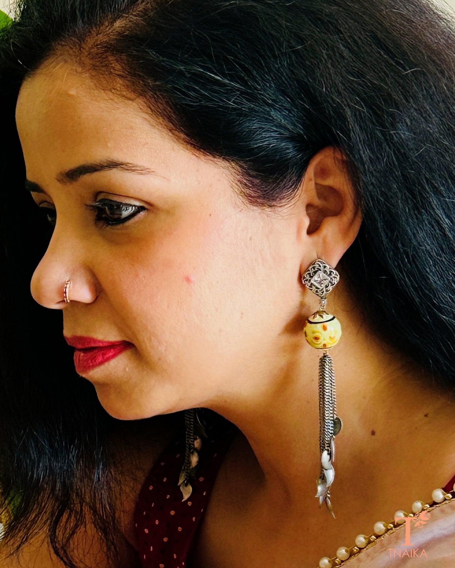 Oxidised Meena work earrings with chain hangings in silver replica finish