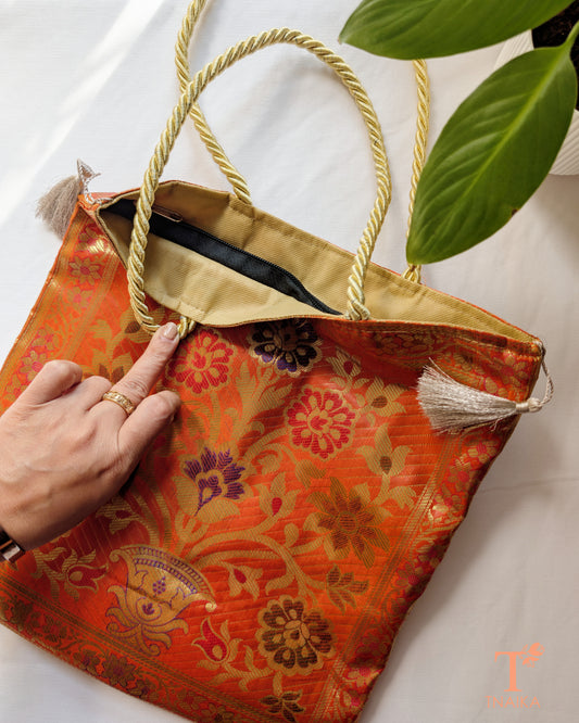 Ethnic Banarasi handbag showcasing classic motifs and elegant finish