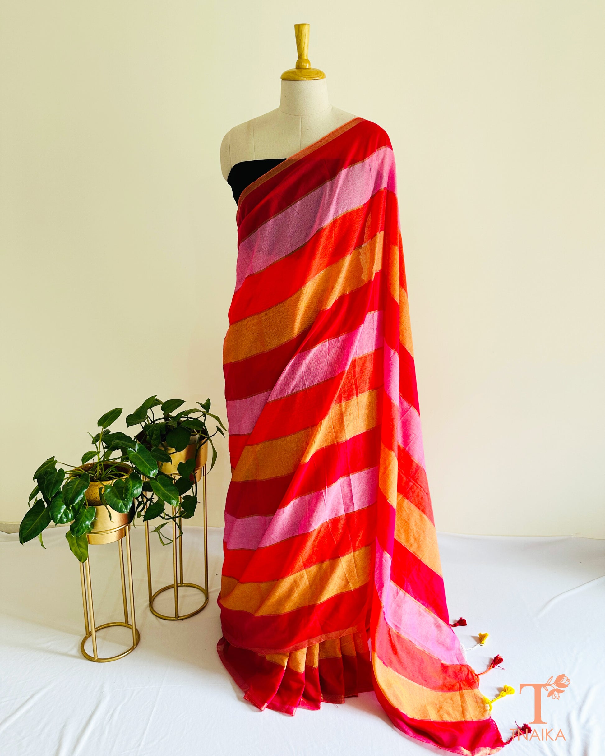 Multicolor khadi cotton saree with soft lightweight drape, perfect for daily wear and summer styling.