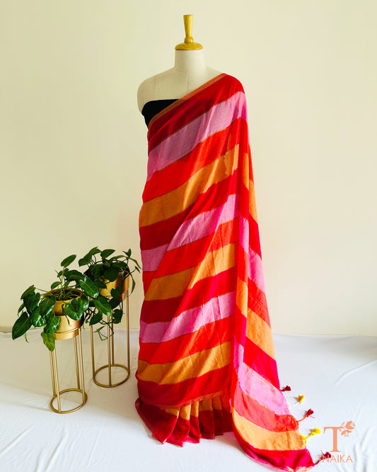 Multicolor khadi cotton saree with soft lightweight drape, perfect for daily wear and summer styling.