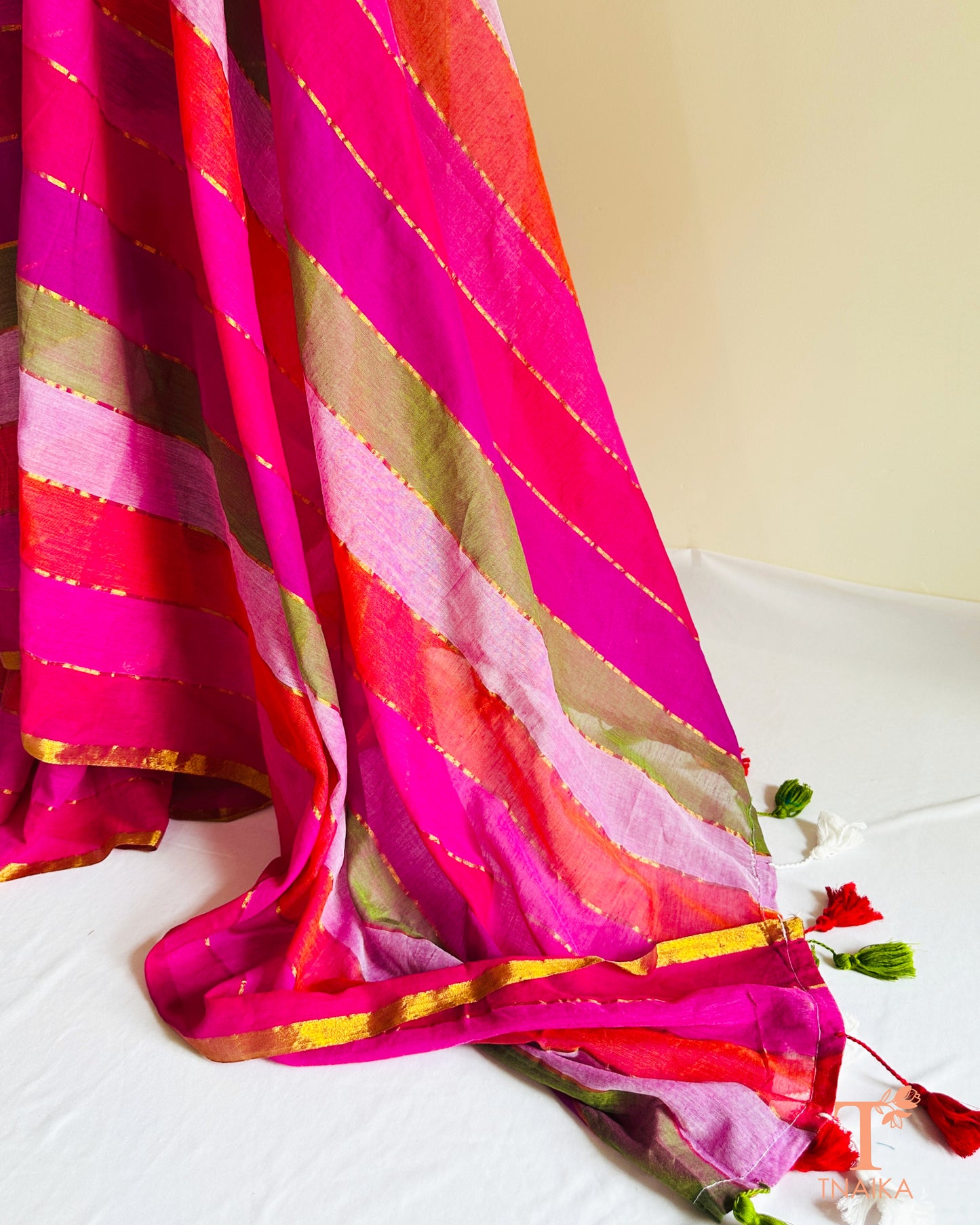 Soft mul cotton saree featuring multicolor pattern, ideal for casual outings and office wear.