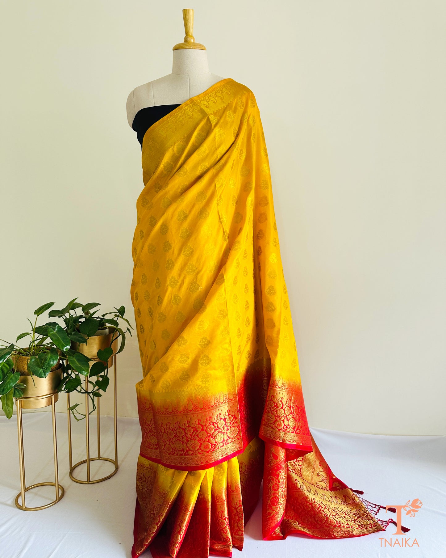 Yellow and red semi silk saree with Banarasi feel, festive traditional saree for weddings and functions.