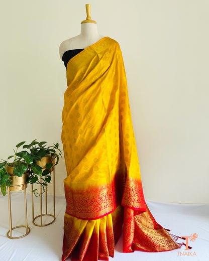 Yellow and red semi silk saree with Banarasi feel, festive traditional saree for weddings and functions.