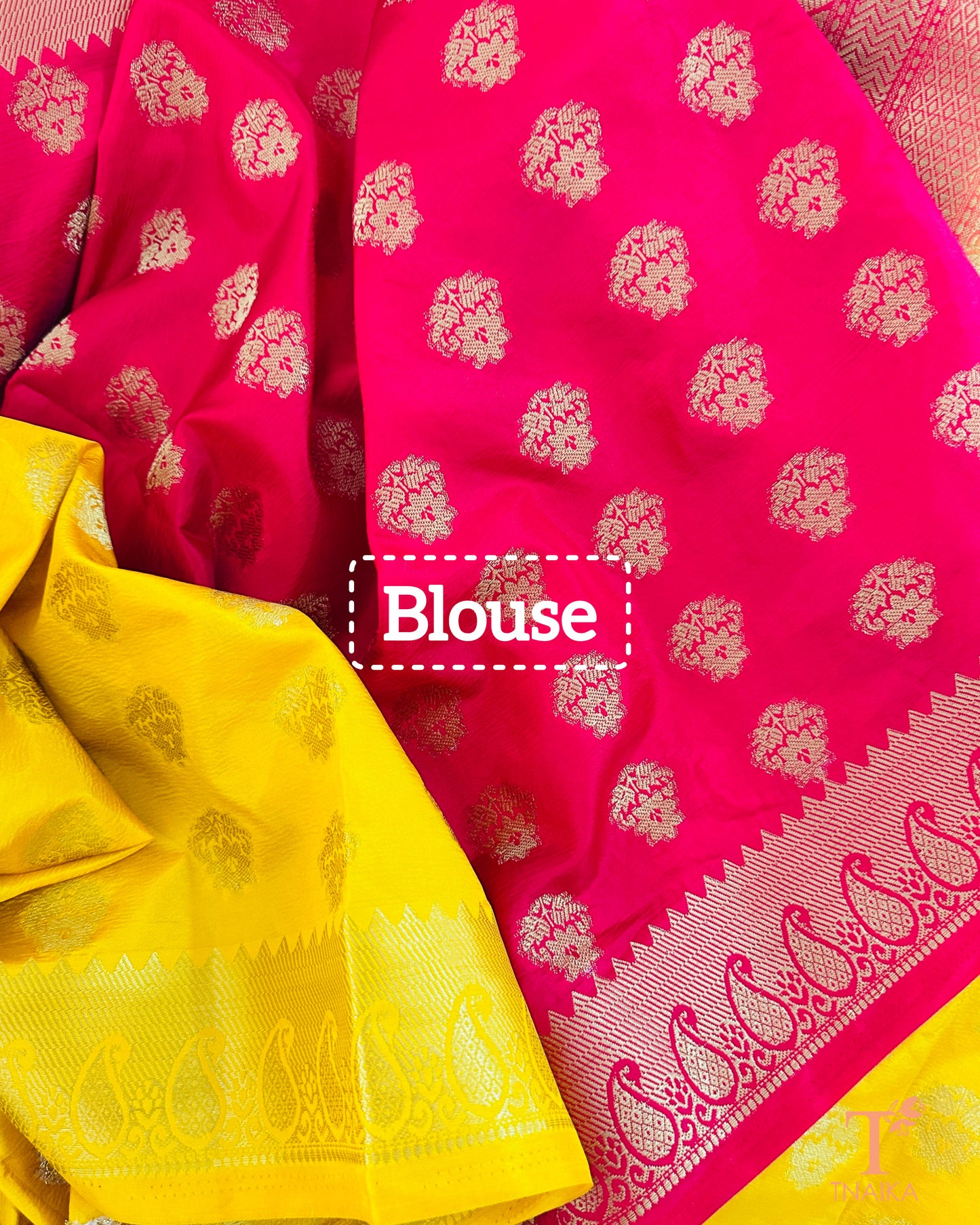 Traditional semi silk Banarasi feel saree in yellow and red, perfect for pooja and celebrations.