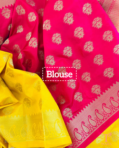 Traditional semi silk Banarasi feel saree in yellow and red, perfect for pooja and celebrations.