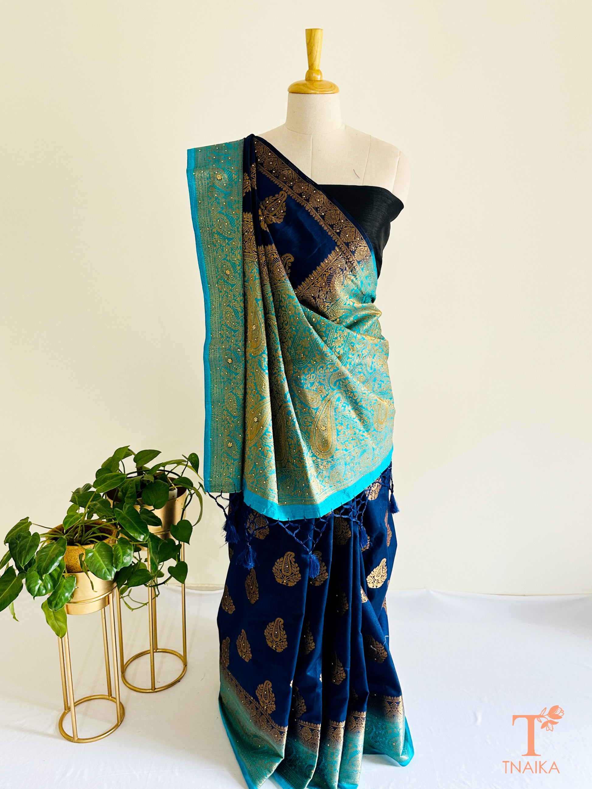 Blue and light blue semi silk saree with Banarasi feel and Swarovski work, perfect for festive and party wear.