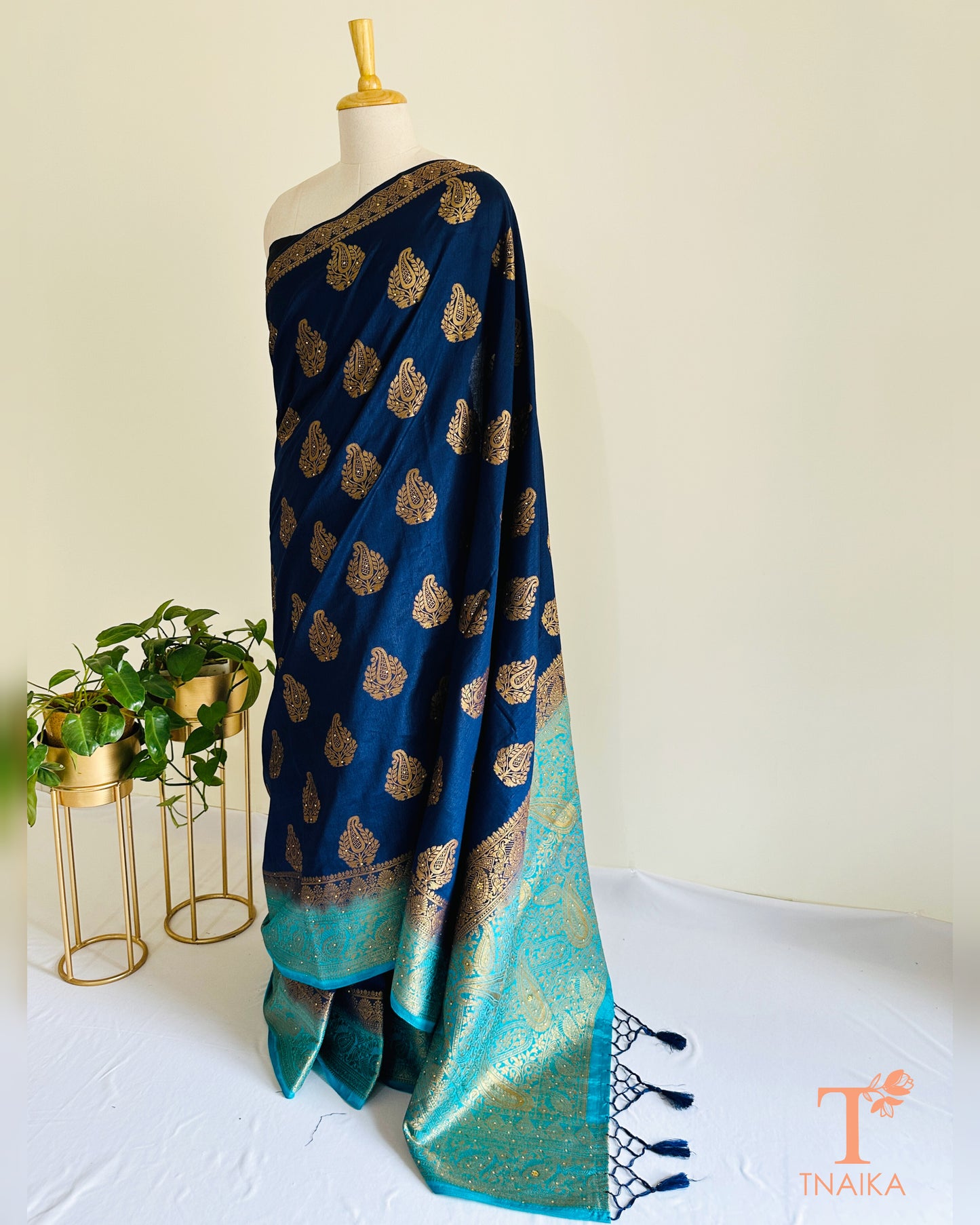 Blue Banarasi feel semi silk saree with Swarovski border work, ideal for weddings and evening functions.