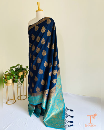 Blue Banarasi feel semi silk saree with Swarovski border work, ideal for weddings and evening functions.