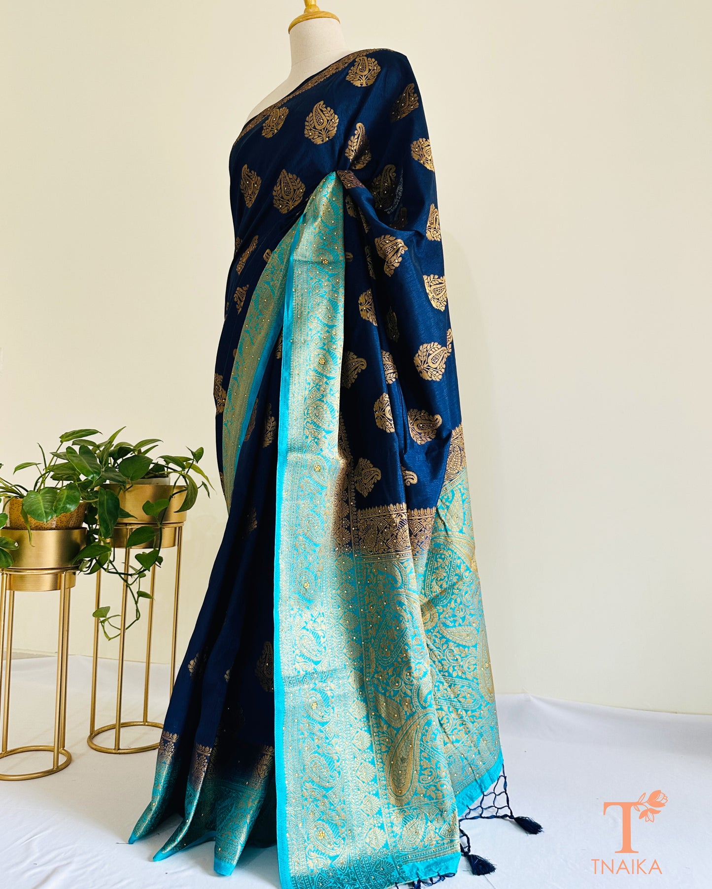 Party wear semi silk saree in blue shades with Swarovski work for a premium and graceful style.
