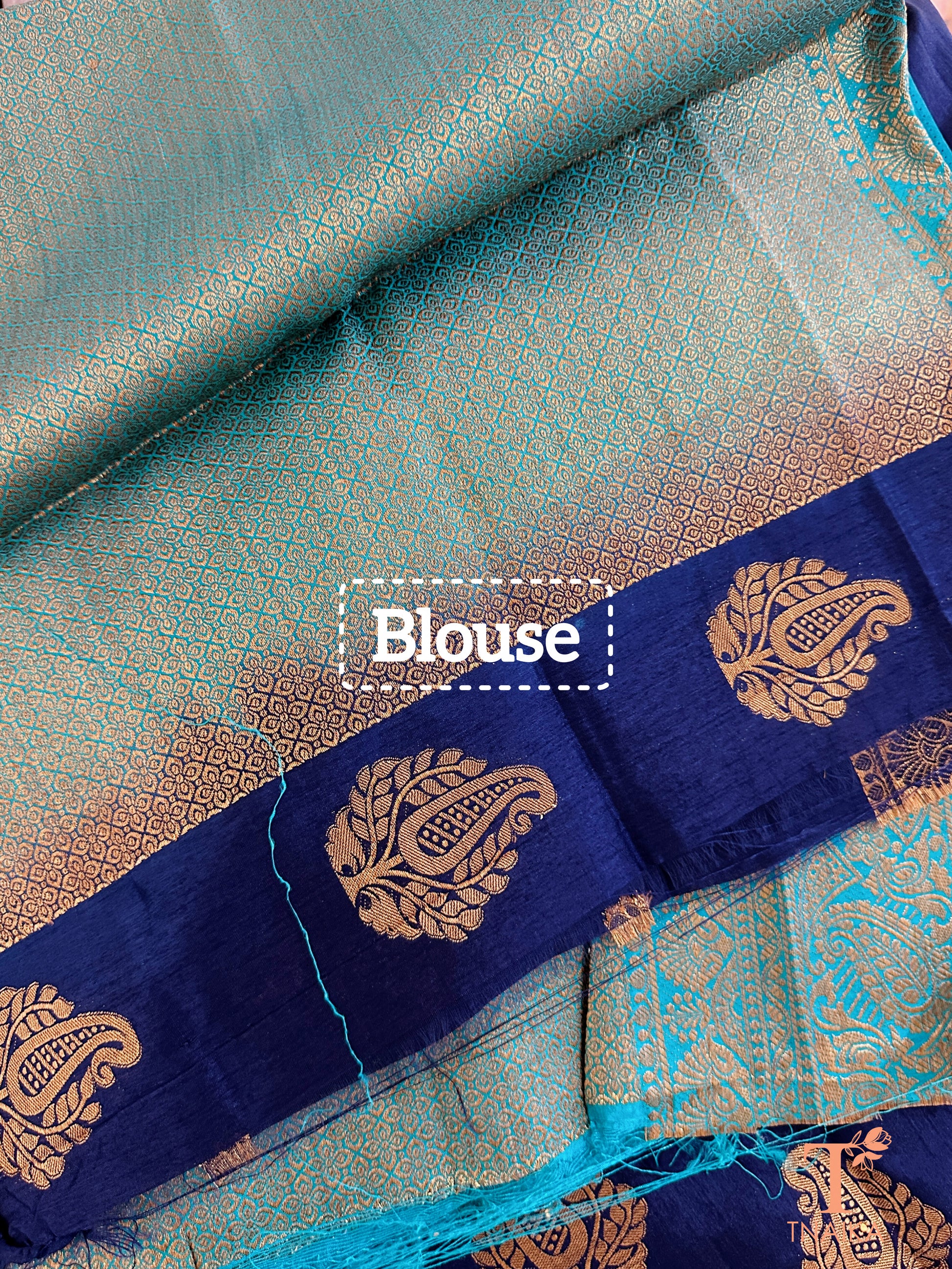 Blue and light blue semi silk saree with Banarasi feel and Swarovski work, perfect for festive and party wear.