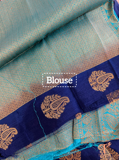 Blue and light blue semi silk saree with Banarasi feel and Swarovski work, perfect for festive and party wear.