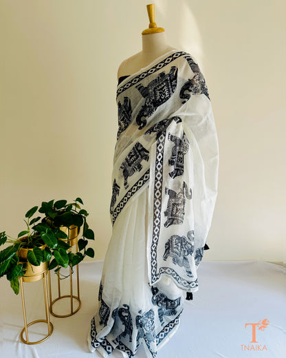 Heritage-inspired elephant print white saree