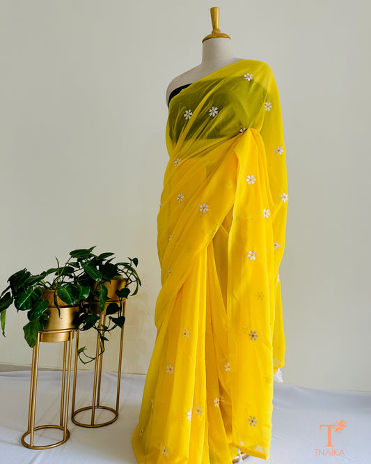Georgette saree with Parijat flower motifs and separate blouse fabric